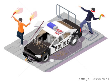 Protest action against the police, vector isometric illustration. Violent public disturbance, street riot. 85907071
