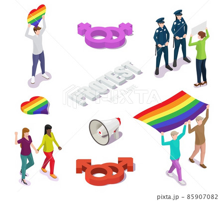LGBT activists, police officers. LGBT protest, movement, rally, march isometric icon set, vector isolated illustration. 85907082