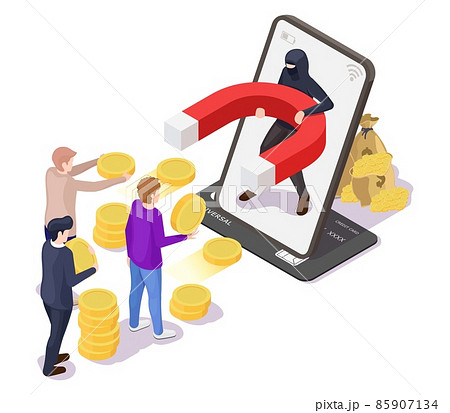 People giving money to thief with magnet from mobile, vector illustration. Financial credit card fraud, cyber crime. People giving money to thief with magnet from mobile, vector illustration. Financial credit card fraud, cyber crime. 85907134