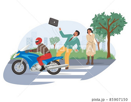 Motorcycle accident, vector illustration. Motorcyclist struck pedestrian on crosswalk. Road traffic accident. 85907150