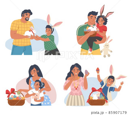 Family Easter celebration scene set, vector illustration. Spring season holiday with bunny, decorated eggs, cake, basket Family Easter celebration scene set, vector illustration. Spring season holiday with bunny, decorated eggs, cake, basket 85907179