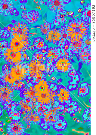 Bright psychedelic colored orange summer flowers pattern background Bright psychedelic colored orange summer flowers pattern background 85907192