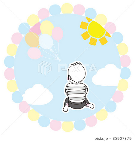 かわいい赤ちゃんのイラスト　お空を眺めるあかちゃん　カラフル、白フチ 85907379
