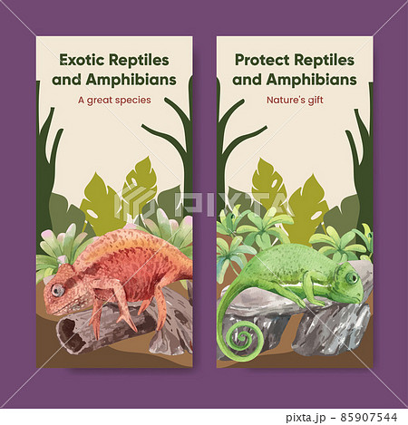 Flyer template with reptiles and amphibians animal concept,watercolor style 85907544