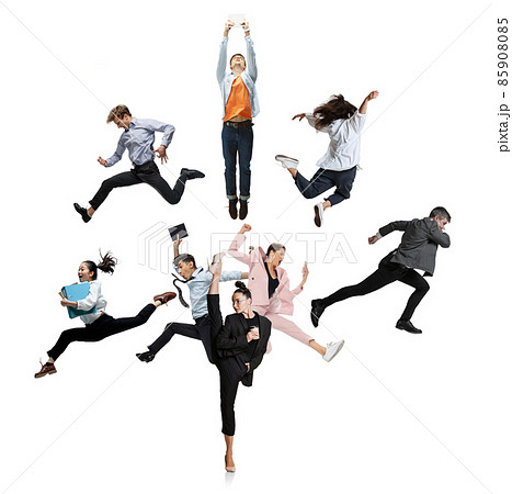 Set of young office workers jumping and dancing in casual and business style clothes with folders, coffee, tablet on white background. Set of young office workers jumping and dancing in casual and business style clothes with folders, coffee, tablet on white background. 85908085