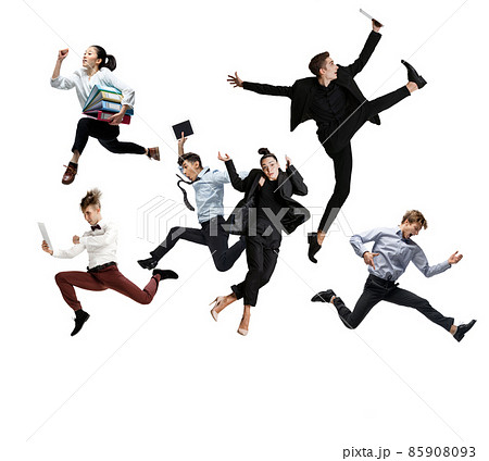 Male and female office workers jumping and dancing in casual and business style clothes with folders, coffee, tablet on white background. Ballet dancers. Set 85908093