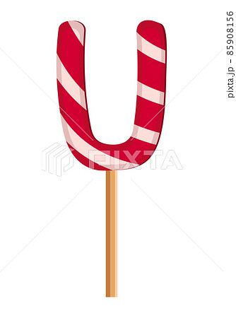 Letter U from striped red and white lollipops. Festive font or decoration for holiday or party. Vector flat illustration 85908156