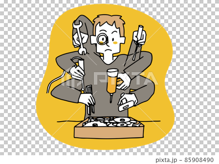 A man who masters various tools and repairs machines. A warm-hearted illustration of a person with an inquisitive mind and a search for ideas. 85908490