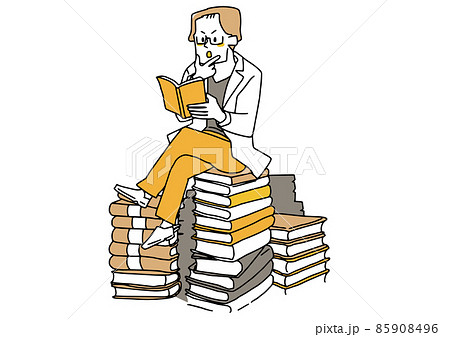 たくさんの本を読み論理的に考える男性　温かみのある手描きの人物イラスト　白バックにベクター 85908496