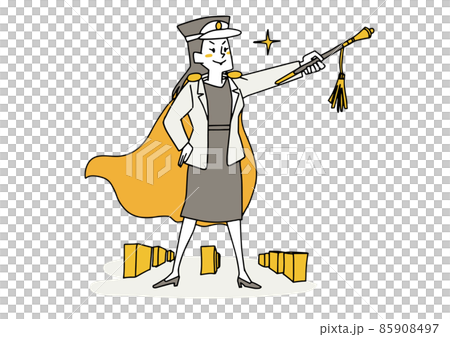 指揮官の格好をしたビジネスウーマン　強いリーダーシップ　温かみのある手描きの人物イラスト　白バックに 85908497