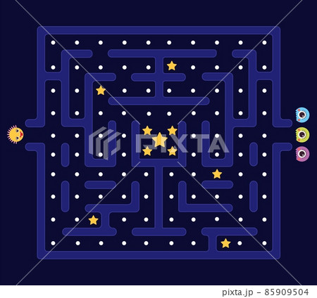 Arcade maze. Pacman background, pac man retro video computer game. Labyrinth defender and monsters. Kids app play in 80s style, videogame level decent vector design Arcade maze. Pacman background, pac man retro video computer game. Labyrinth defender and monsters. Kids app play in 80s style, videogame level decent vector design 85909504