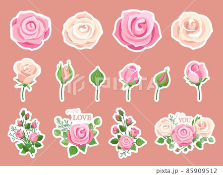Flower stickers. Rose bouquet, pink roses decorative compositions. Floral elements for cards, invitation, wedding decor. Romantic love social media vector sticker pack 85909512
