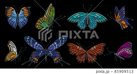 Vintage embroidered butterfly. Embroidery butterflies, insect silk stitch elements. Spring summer fashion patches, bright wings nowaday vector set 85909513
