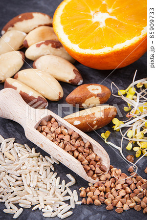 Beneficial eating for thyroid gland. Healthy ingredients as source vitamins and minerals 85909733