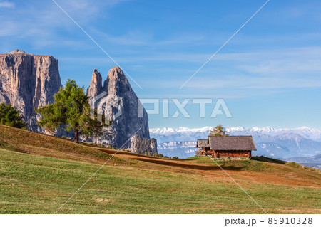Scenic view of Punta Euringer mountain and Val Gardena mountains from Seiser Alm plateau Scenic view of Punta Euringer mountain and Val Gardena mountains from Seiser Alm plateau 85910328