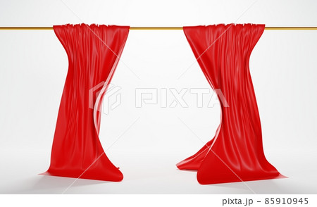 3d render, red silk window curtains, billowing velvet cloth hanging on cornice isolated on white background. Luxury scarlet material in blowing wind, flowing satin tissue, fabric drapery 85910945
