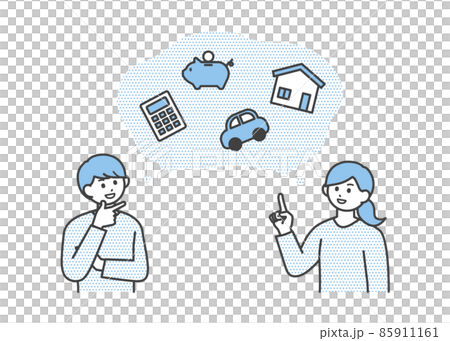 若い男性と女性が将来のお金について考えているイラスト素材 若い男性と女性が将来のお金について考えているイラスト素材 85911161