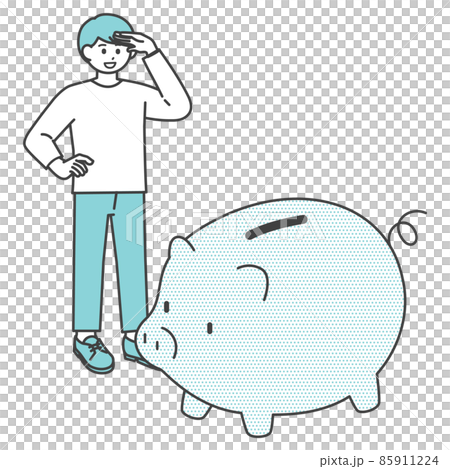 若い男性が豚の貯金箱を眺めているイラスト素材 若い男性が豚の貯金箱を眺めているイラスト素材 85911224