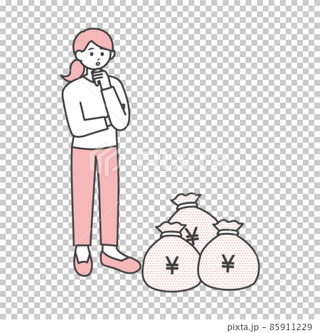 Illustration material of a young woman looking at a bag of money 85911229