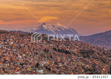 Panorama of the city of La Paz with mountain of Illimani on the background. Bolivia. Panorama of the city of La Paz with mountain of Illimani on the background. Bolivia. 85911407