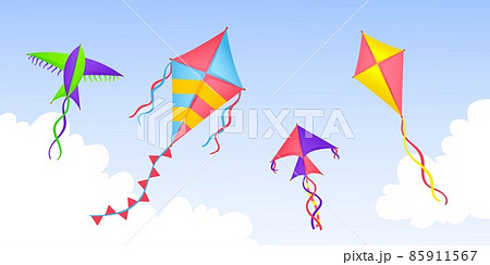 Kite in sky. Cartoon kites flying in clouds, happy festival banner. Summer outdoor play, kids colorful toys fly in wind. Seasonal neat vector background 85911567