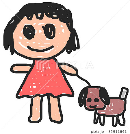 子供が描いたような犬を散歩させている女の子 85911641