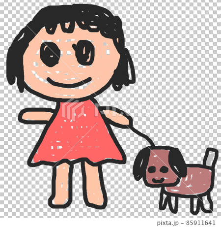 子供が描いたような犬を散歩させている女の子 85911641