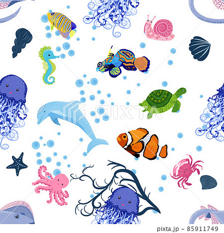 Marine life, fish, animals bright seamless pattern. sea travel, underwater diving animal tropical fish. Jellyfish, whale, shark, seahorse, clown fish, dolphin, turtle emperor fish octopus stingray 85911749