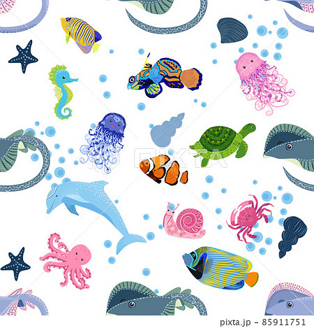 Marine life, fish, animals bright seamless pattern. sea travel, underwater diving animal tropical fish. Jellyfish, whale, shark, seahorse, clown fish, dolphin, turtle emperor fish octopus stingray 85911751