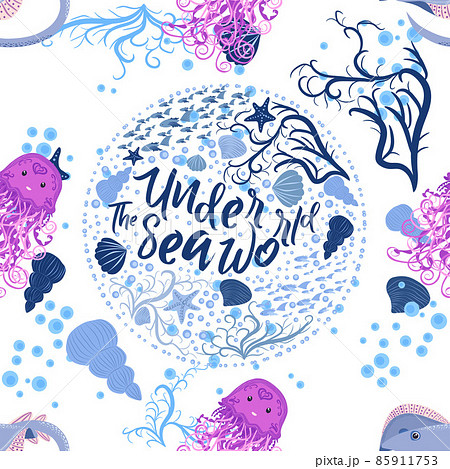 Marine life, fish, animals bright seamless pattern. sea travel, underwater diving animal tropical fish. Jellyfish, whale, shark, seahorse, clown fish, dolphin, turtle emperor fish octopus stingray Marine life, fish, animals bright seamless pattern. sea travel, underwater diving animal tropical fish. Jellyfish, whale, shark, seahorse, clown fish, dolphin, turtle emperor fish octopus stingray 85911753