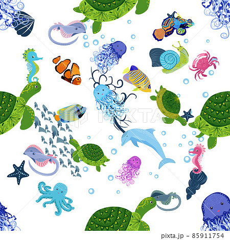 Marine life, fish, animals bright seamless pattern. sea travel, underwater diving animal tropical fish. Jellyfish, whale, shark, seahorse, clown fish, dolphin, turtle emperor fish octopus stingray 85911754
