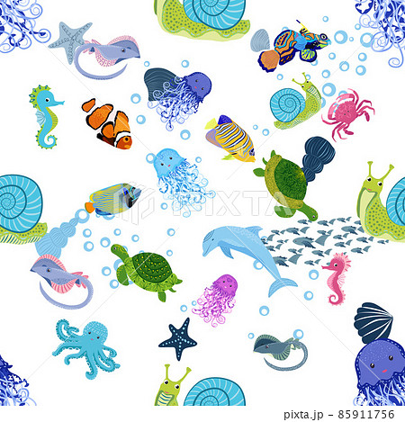 Marine life, fish, animals bright seamless pattern. sea travel, underwater diving animal tropical fish. Jellyfish, whale, shark, seahorse, clown fish, dolphin, turtle emperor fish octopus stingray 85911756