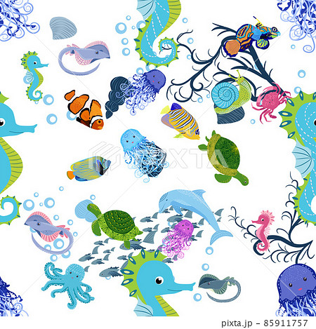 Marine life, fish, animals bright seamless pattern. sea travel, underwater diving animal tropical fish. Jellyfish, whale, shark, seahorse, clown fish, dolphin, turtle emperor fish octopus stingray Marine life, fish, animals bright seamless pattern. sea travel, underwater diving animal tropical fish. Jellyfish, whale, shark, seahorse, clown fish, dolphin, turtle emperor fish octopus stingray 85911757