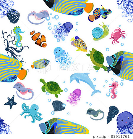 Marine life, fish, animals bright seamless pattern. sea travel, underwater diving animal tropical fish. Jellyfish, whale, shark, seahorse, clown fish, dolphin, turtle emperor fish octopus stingray Marine life, fish, animals bright seamless pattern. sea travel, underwater diving animal tropical fish. Jellyfish, whale, shark, seahorse, clown fish, dolphin, turtle emperor fish octopus stingray 85911761