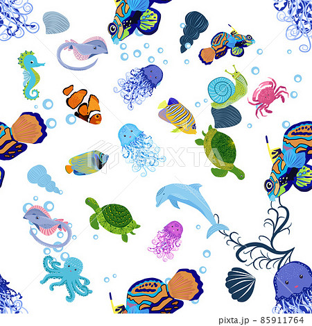 Marine life, fish, animals bright seamless pattern. sea travel, underwater diving animal tropical fish. Jellyfish, whale, shark, seahorse, clown fish, dolphin, turtle emperor fish octopus stingray Marine life, fish, animals bright seamless pattern. sea travel, underwater diving animal tropical fish. Jellyfish, whale, shark, seahorse, clown fish, dolphin, turtle emperor fish octopus stingray 85911764