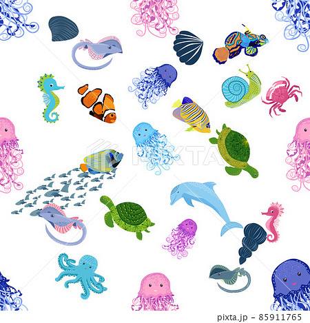 Marine life, fish, animals bright seamless pattern. sea travel, underwater diving animal tropical fish. Jellyfish, whale, shark, seahorse, clown fish, dolphin, turtle emperor fish octopus stingray 85911765