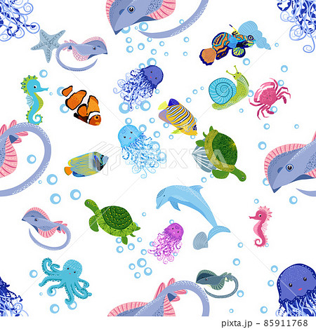 Marine life, fish, animals bright seamless pattern. sea travel, underwater diving animal tropical fish. Jellyfish, whale, shark, seahorse, clown fish, dolphin, turtle emperor fish octopus stingray Marine life, fish, animals bright seamless pattern. sea travel, underwater diving animal tropical fish. Jellyfish, whale, shark, seahorse, clown fish, dolphin, turtle emperor fish octopus stingray 85911768