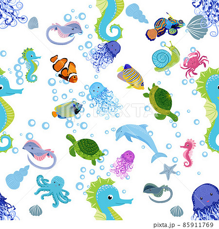 Marine life, fish, animals bright seamless pattern. sea travel, underwater diving animal tropical fish. Jellyfish, whale, shark, seahorse, clown fish, dolphin, turtle emperor fish octopus stingray 85911769