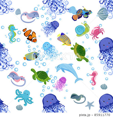 Marine life, fish, animals bright seamless pattern. sea travel, underwater diving animal tropical fish. Jellyfish, whale, shark, seahorse, clown fish, dolphin, turtle emperor fish octopus stingray 85911770