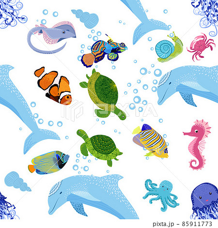 Marine life, fish, animals bright seamless pattern. sea travel, underwater diving animal tropical fish. Jellyfish, whale, shark, seahorse, clown fish, dolphin, turtle emperor fish octopus stingray 85911773