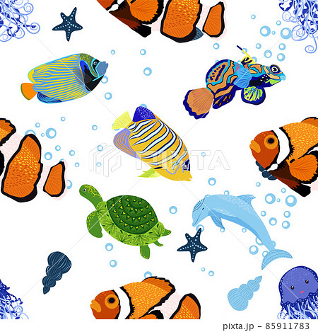 Marine life, fish, animals bright seamless pattern. sea travel, underwater diving animal tropical fish. Jellyfish, whale, shark, seahorse, clown fish, dolphin, turtle emperor fish octopus stingray 85911783