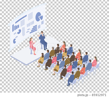 Isometric illustrations of people attending dialogue-style business seminars 85912971