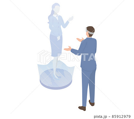 ARレンズを用いて3D空間に浮かぶ立体的な女性と対話する男性のアイソメイラスト 85912979