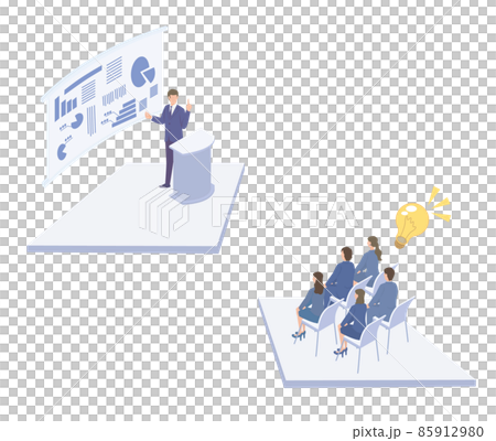 Isometric illustrations of people attending business seminars by male lecturers 85912980