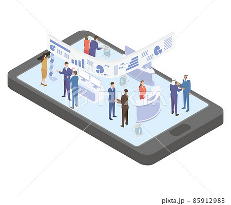 オンライン展示会でグローバルな商談をするビジネスパーソンのアイソメイラスト 85912983