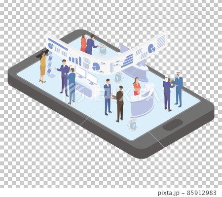 オンライン展示会でグローバルな商談をするビジネスパーソンのアイソメイラスト 85912983