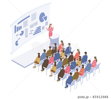 人気のある女性講師のビジネスセミナーを受講する人たちのアイソメイラスト 人気のある女性講師のビジネスセミナーを受講する人たちのアイソメイラスト 85912988