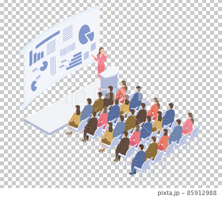 Isometric illustrations of people attending business seminars of popular female lecturers 85912988