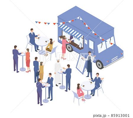 オフィス近くにあるお客が賑わっているキッチンカーのアイソメイラスト 85913001