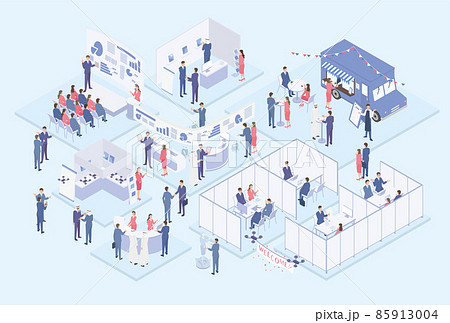 たくさんの来場者で溢れるIT系の展示会イベントのアイソメイラスト 85913004